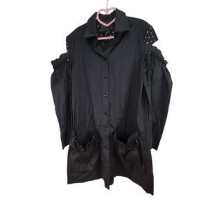 NY 77 Design Black Mini Dress Size Medium Off Shoulder Art to Wear Shirt Button